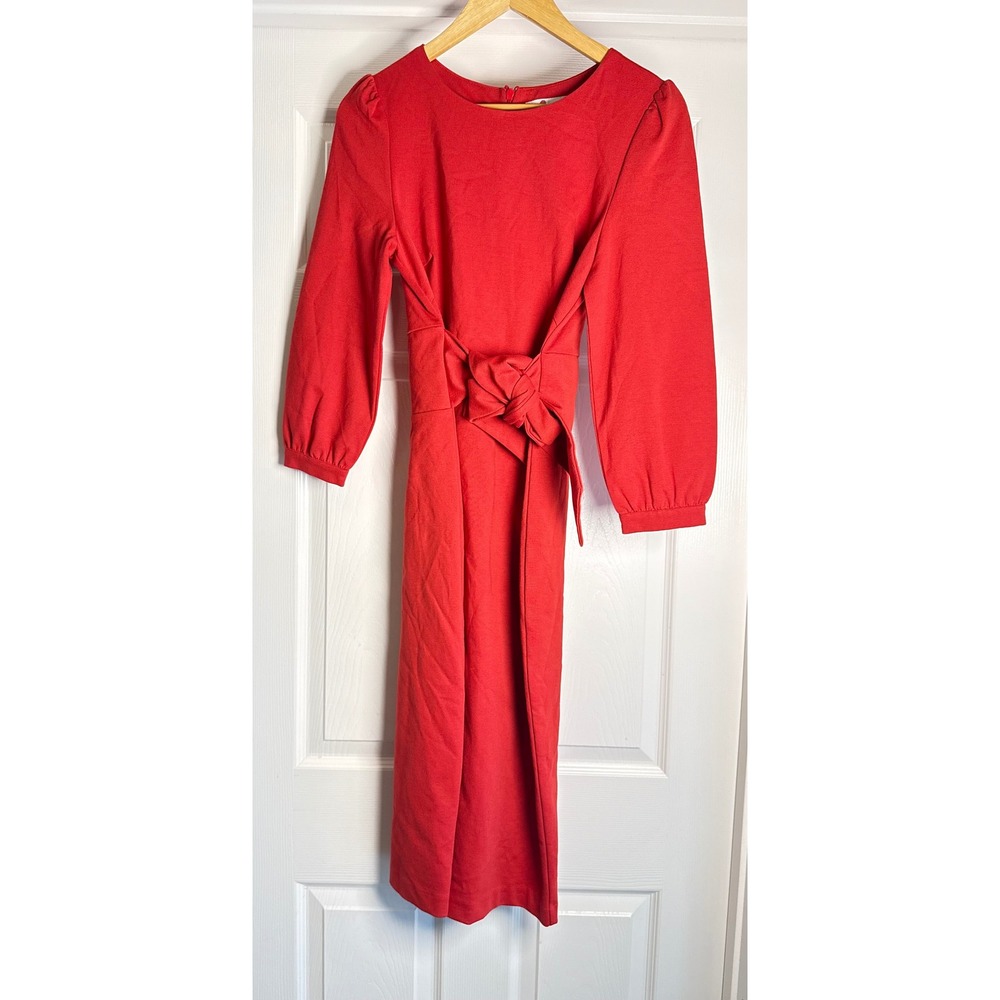Boden Midi Dress Womens 8R Red Tie Front Puff Sleeve Jersey Knit Back Vent